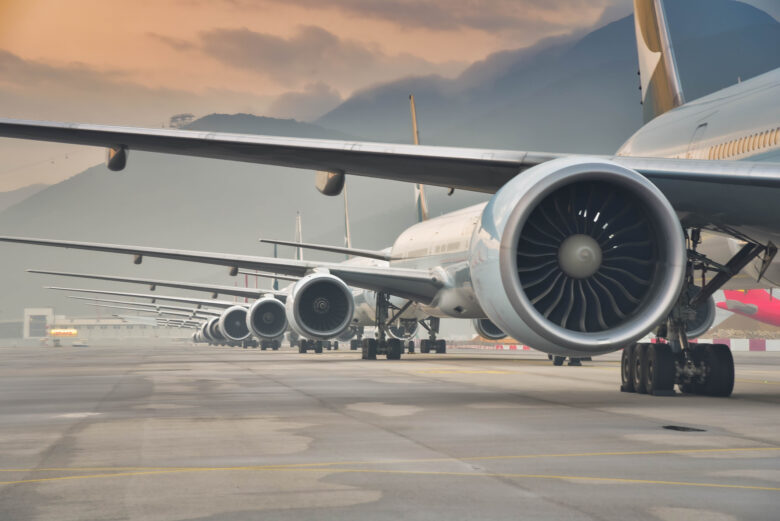 Aircrafts grounded at the Airport, sunrise